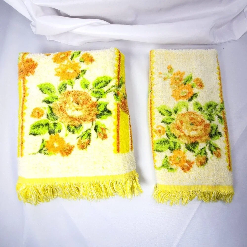 VTG Cannon 70s Yellow Rose Floral Cotton Bath & Hand Towels With Fringe Edge USA